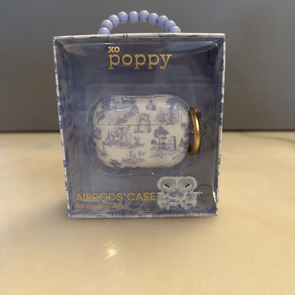 New In Box XO Poppy AirPods Pro Case White Blue Toile Print Pattern Fitted Skin